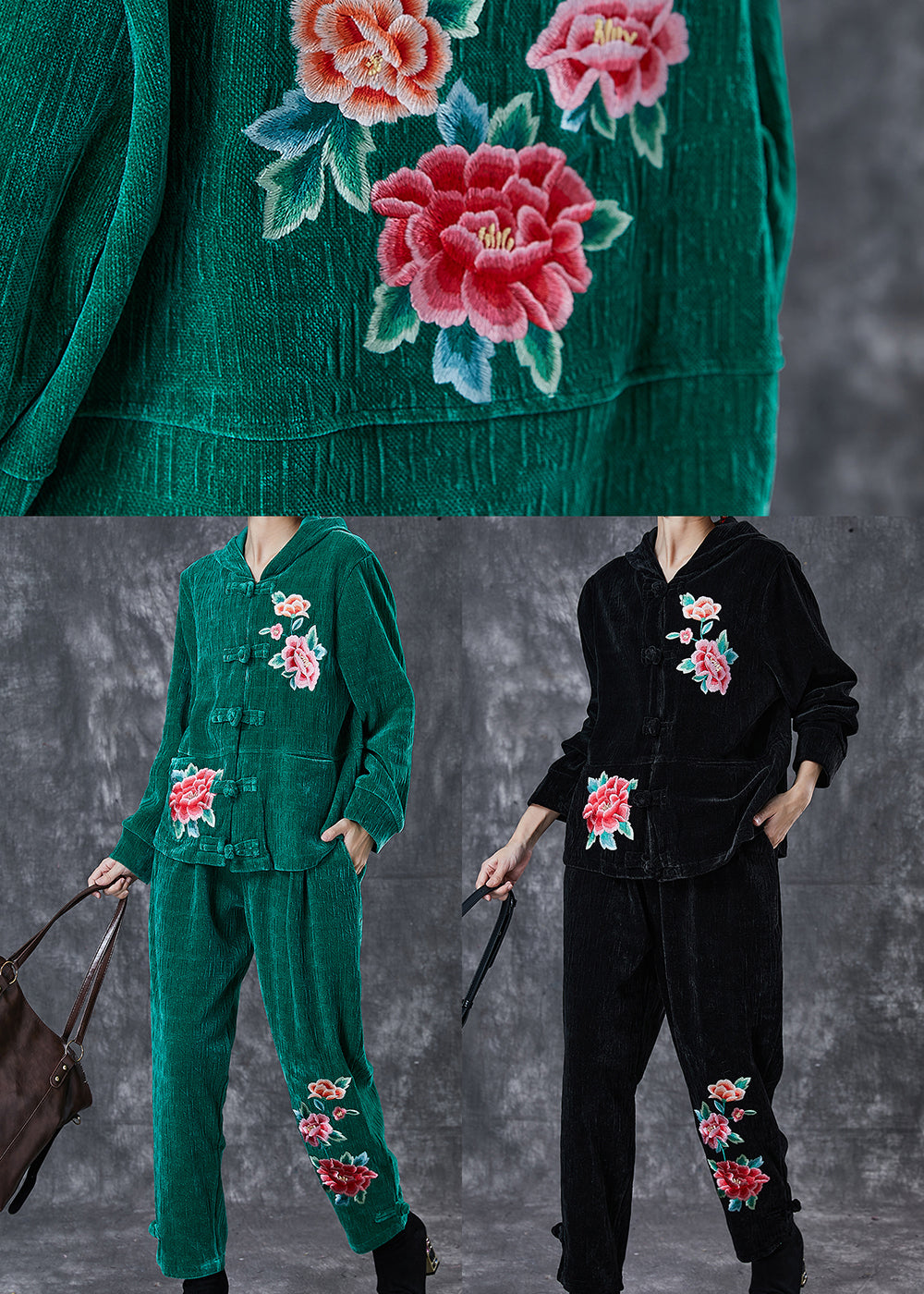Black Oriental Corduroy Two-piece Set Embroideried Hooded Spring