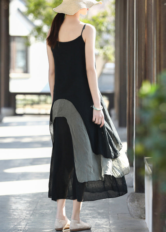 Black Colorblock Sied Open Cotton Spaghetti Strap Dresses Summer