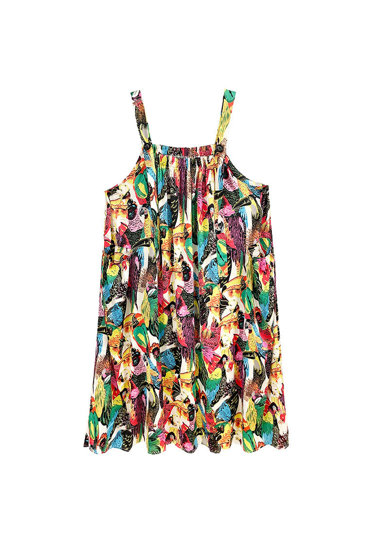 Classy Colorblock Print Silk Spaghetti Strap Dress Spring