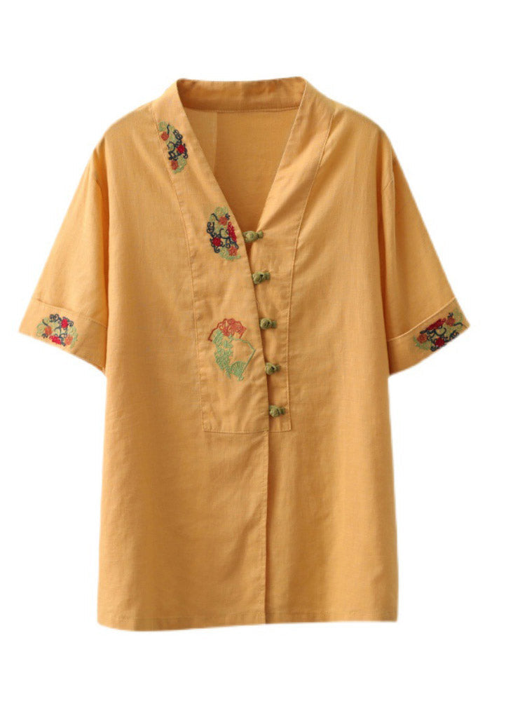 Yellow V Neck Embroideried Button Shirt Short Sleeve