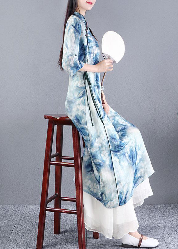 Blue Tie Dye Slim Fit Linen Dress Fall