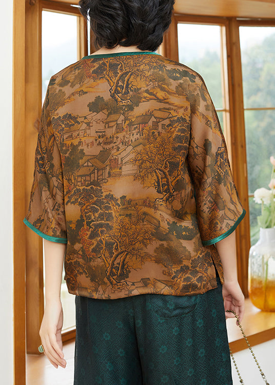 Retro Yellow O-neck Print Patchwork Silk Tops Half Sleeve