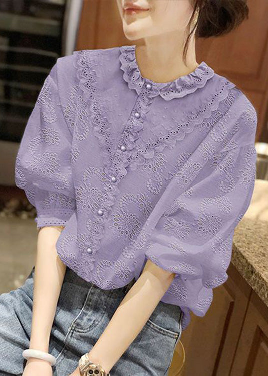 Handmade White O-neck Button Lace Shirt Half Sleeve