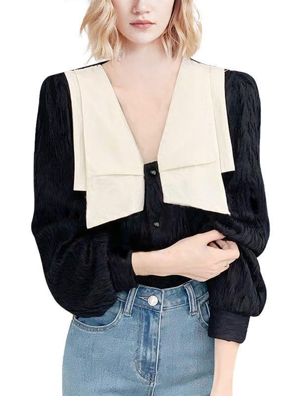 Black Peter Pan Collar Patchwork Original Design Blouses Spring