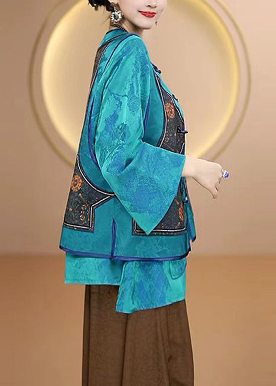 Blue O Neck Oriental Button Silk Vest Sleeveless