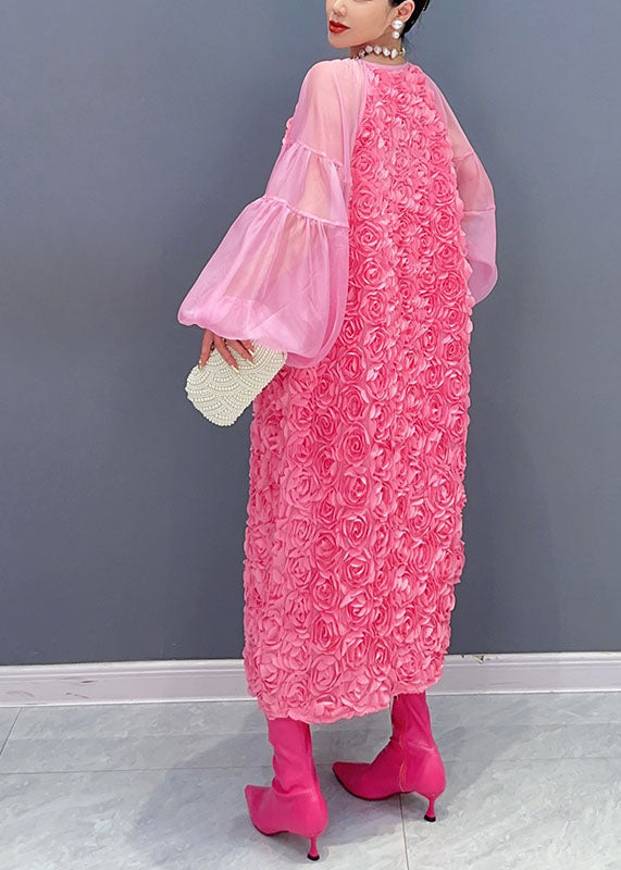 Pink O-neck Tulle Patchworkfloral Maxi Dress Long Sleeveless
