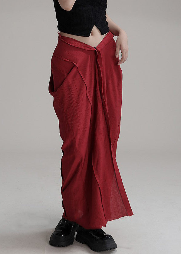 Red Asymmetrical Pockets Cotton Maxi Skirts Spring