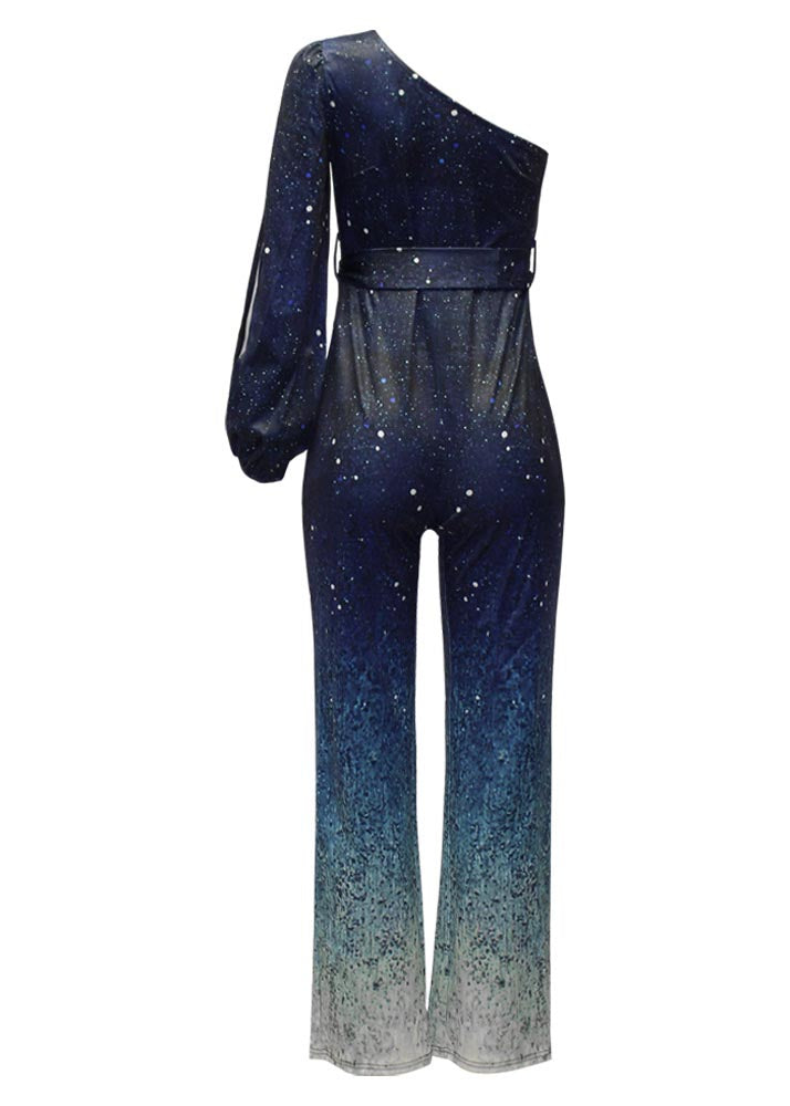 Gradient Blue One Shoulder Asymmetrical Design Sequins Two Pieces Set Summer