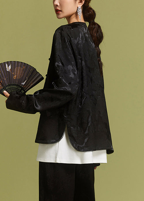 New Black O-neck Button Side Open Silk Coat Fall