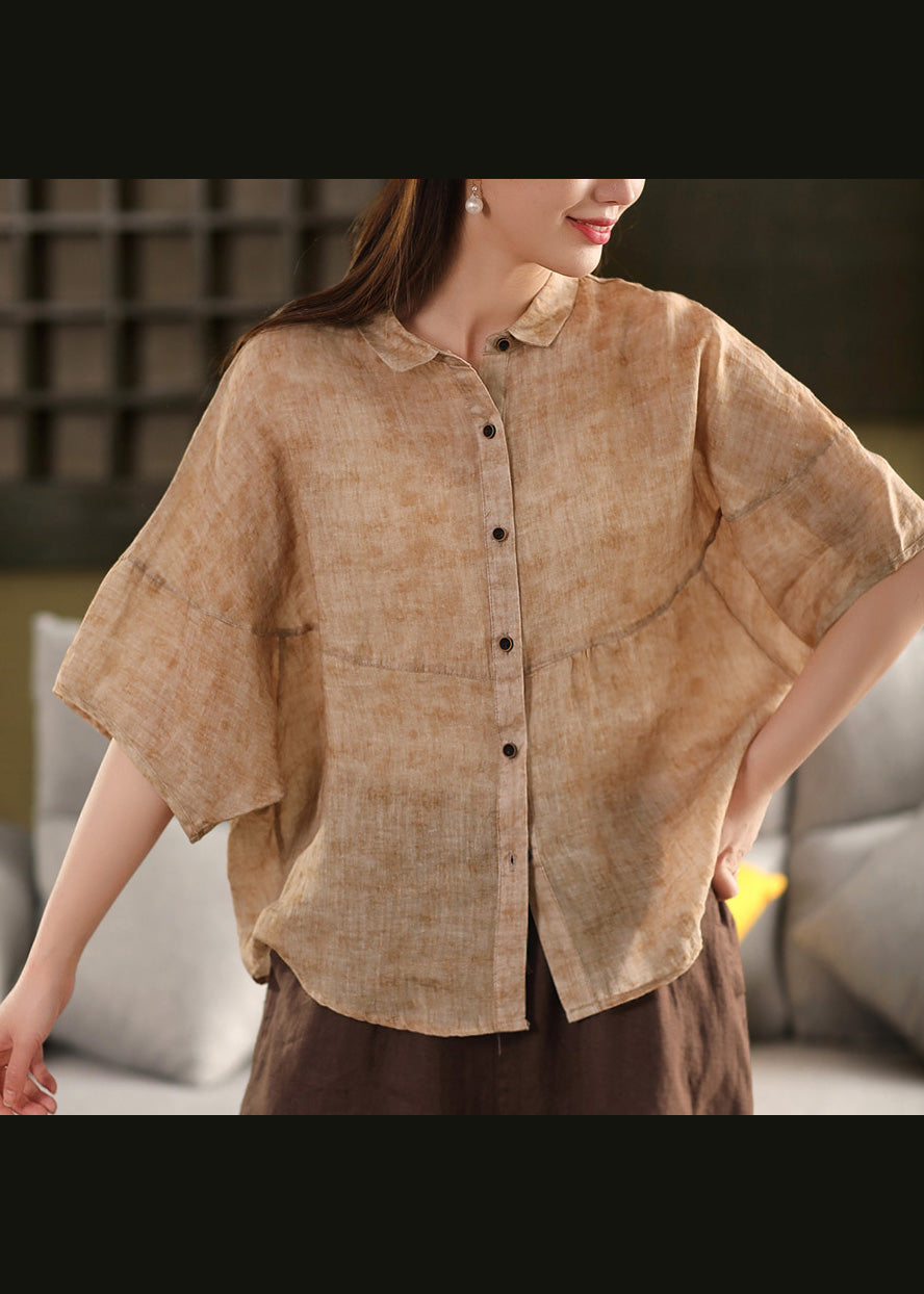 Red Peter Pan Collar Patchwork Linen Blouses Summer