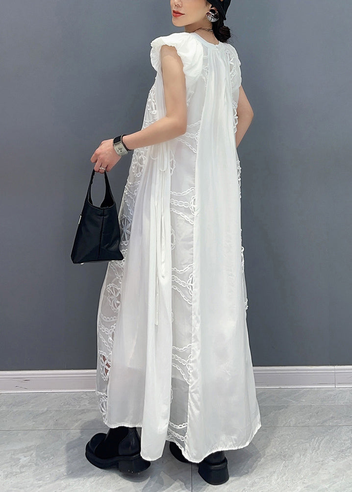 White Puff Sleeve Patchwork Lace a Line Dress Sleeveless