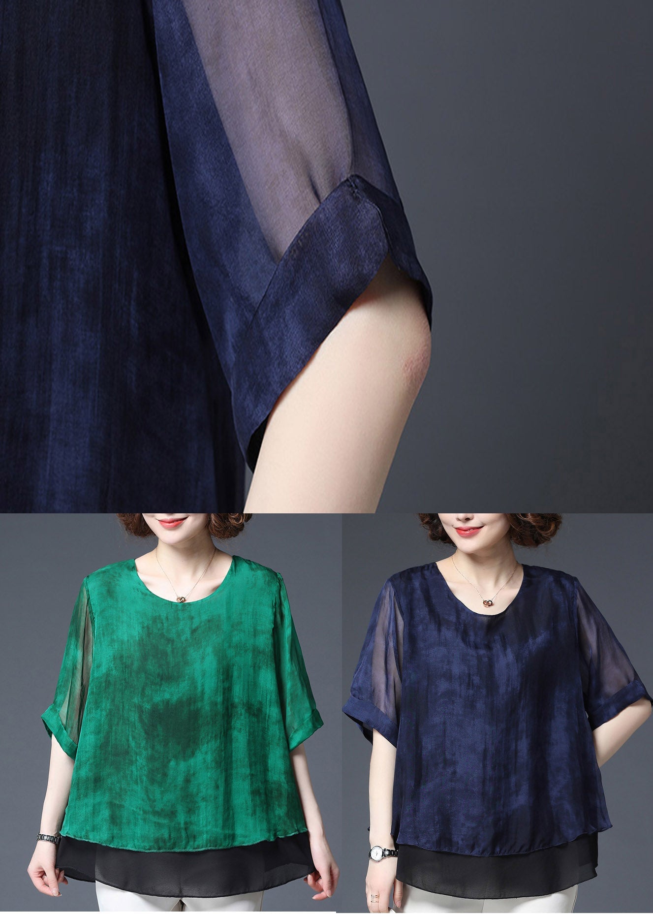 Baggy Navy O-neck Patchwork Chiffon Blouse Top Half Sleeve