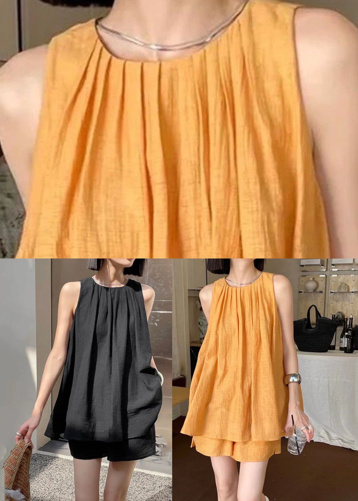French Orange O-neck Vest and Shorts Two Pieces Set Summer