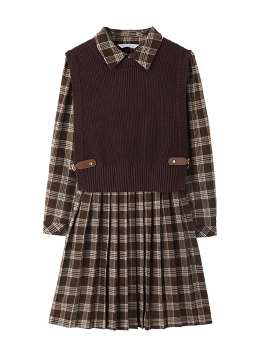 Peter Pan Collar Plaid Knit Waistcoat and Mid Dresstwo Pieces Set Spring