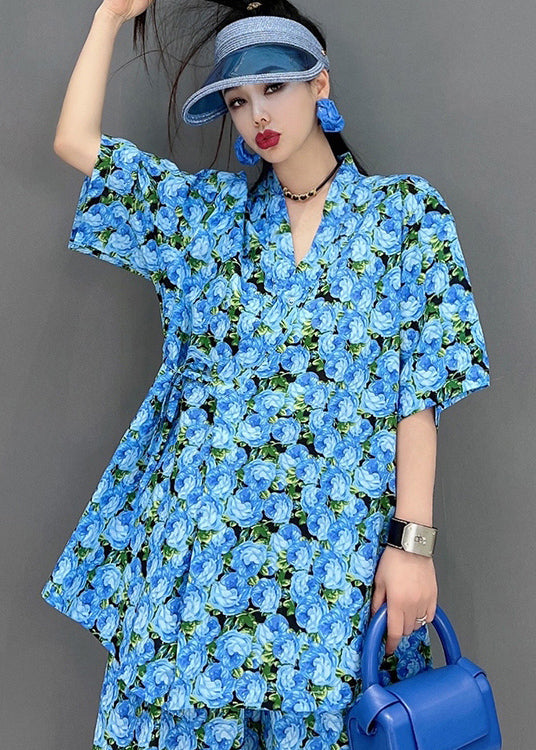 Blue V Neck Print Cotton Cinch Top and Shorts Two Pieces Set Short Sleeve