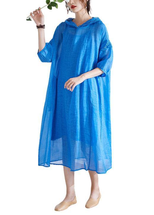 Organic Blue Ruffled Patchwork Summer Ramie Maxi Dresses Half Sleeve