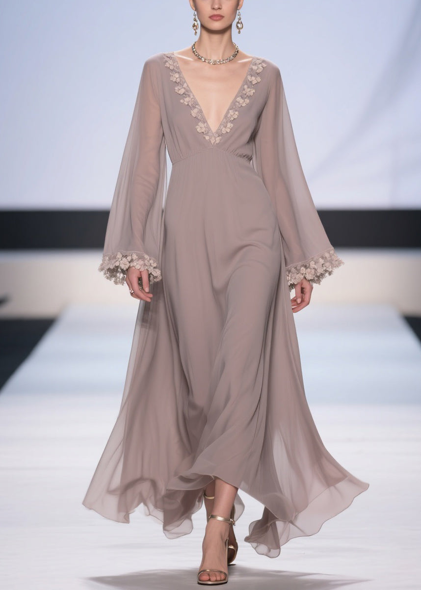 Light Grey Lace High Waist Chiffon Robe Dresses V Neck