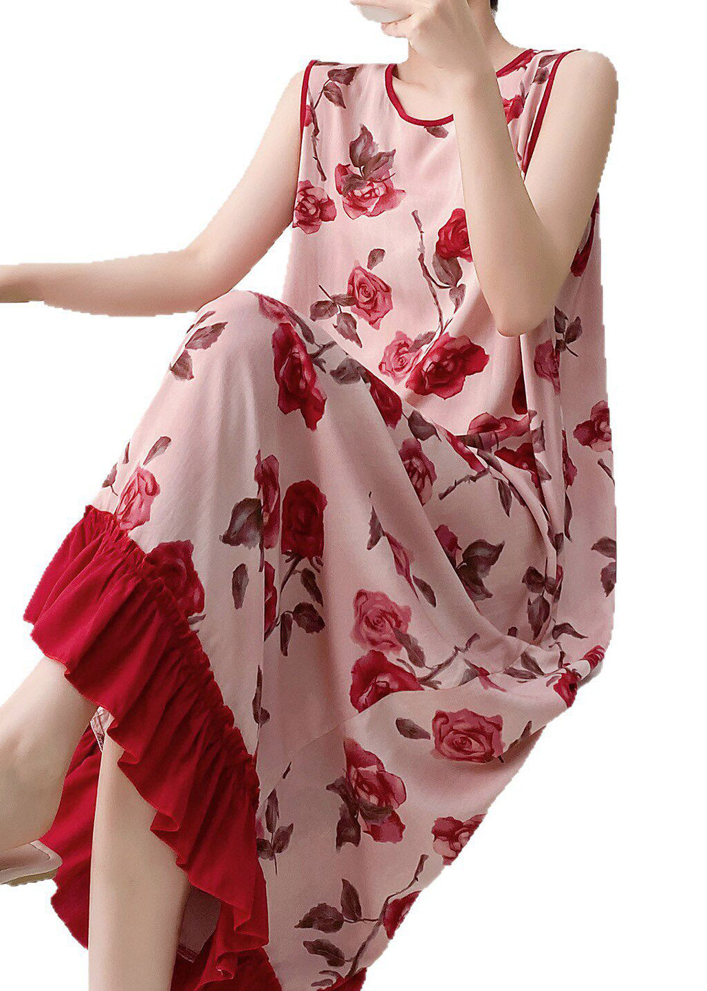 Red O-neck Print Long Dresses Summer