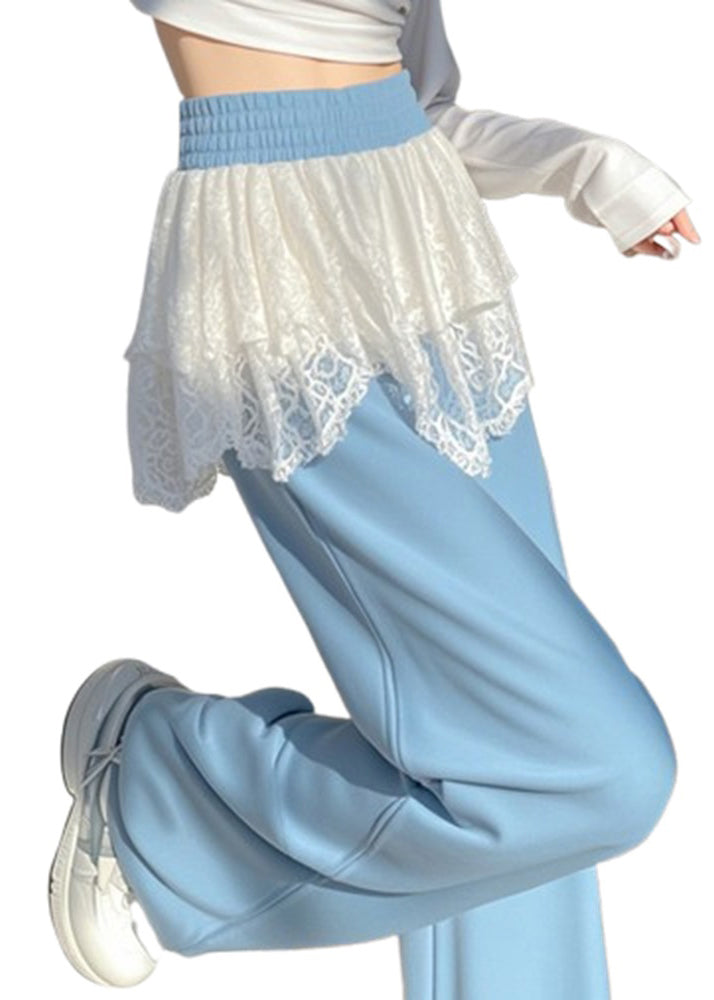 Stylish Blue Elastic Waist Lace Patchwork Pants Spring