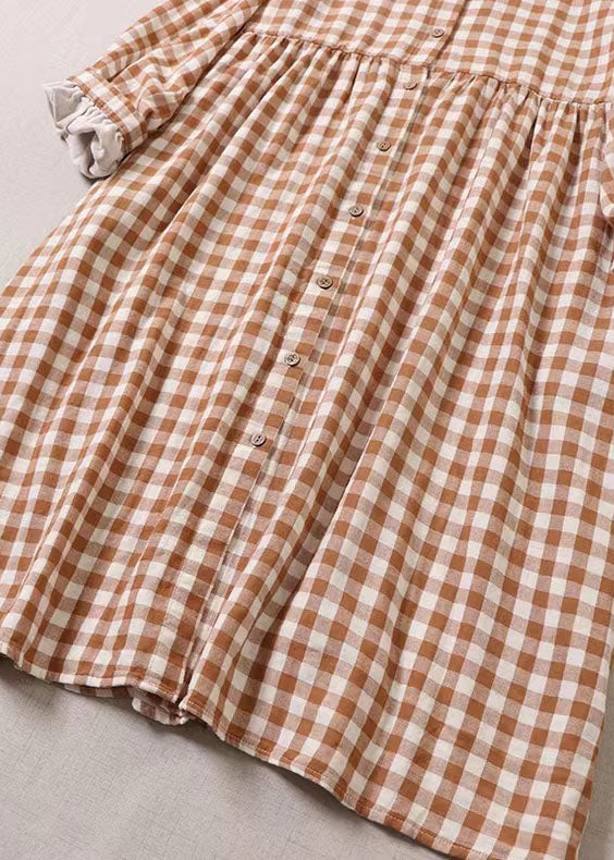 Orange Ruffled Pockets Plaid Dress Spring