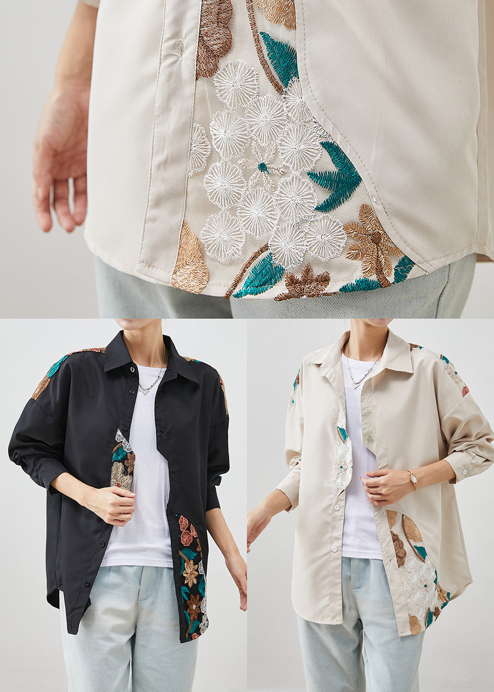 Black Embroideried Patchwork Cotton Shirt Top Fall