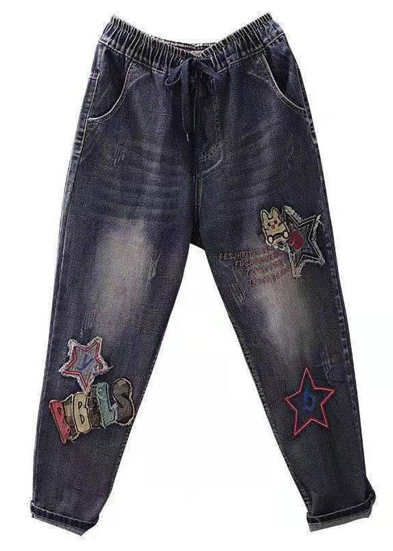 Blue Embroideried Pockets Patchwork High Waist Denim Pants Spring