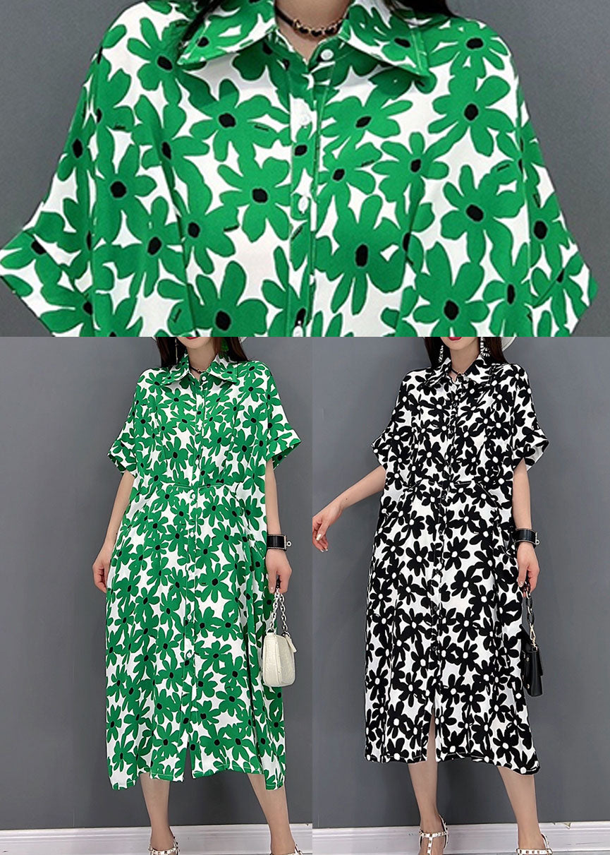 Black Print Cotton Long Dresses Turn-down Collar Short Sleeve