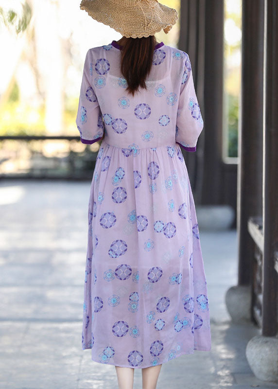 Purple V Neck Print Patchwork Wrinkled Cotton Dress Two Pieces Set Summer