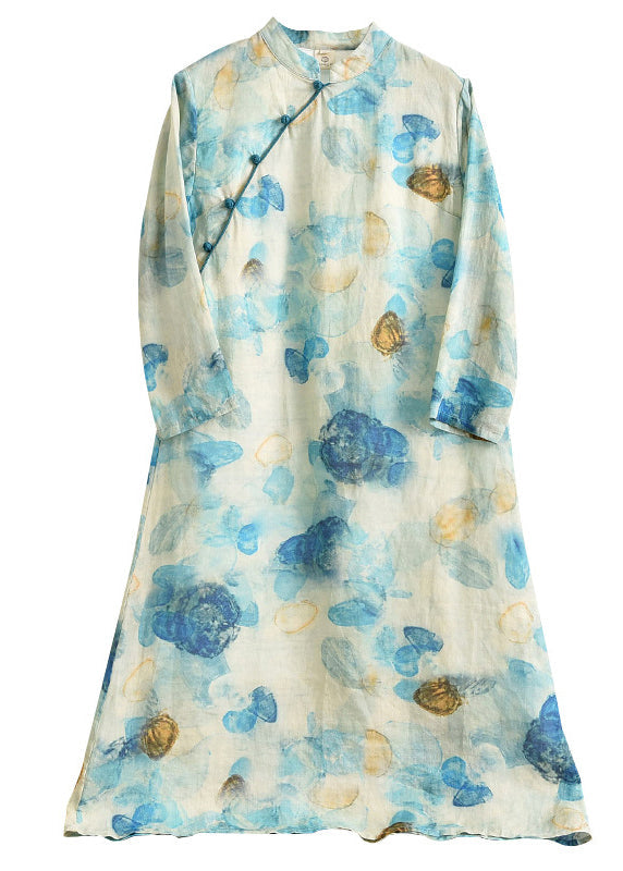 Blue Print Button Patchwork Linen Dress Bracelet Sleeve