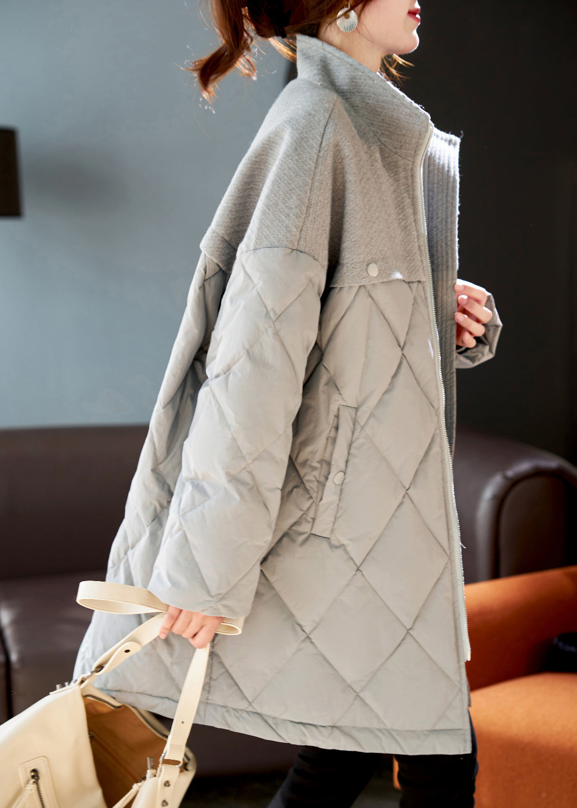 Grey Woolen Patchwork Duck Down Down Coat Winter