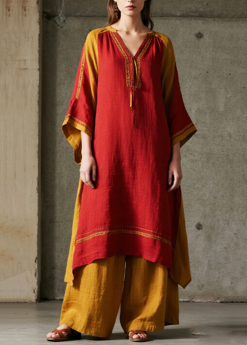 Style Red Oversized Patchwork Cotton Maxi Dresses Spring