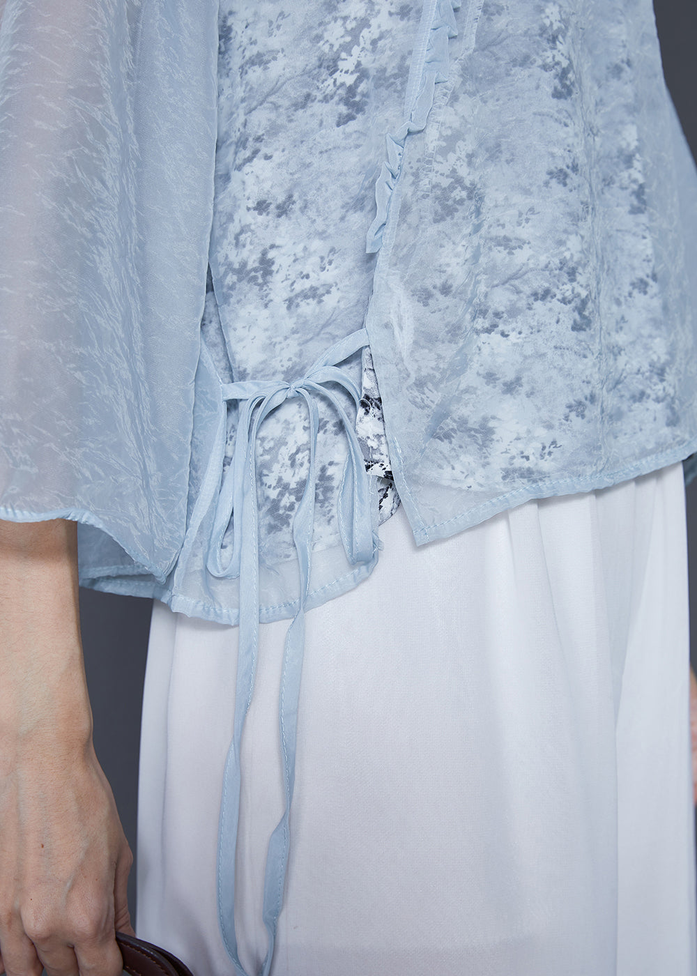 Sky Blue Mandarin Collar Print Chiffon Shirt Top Spring