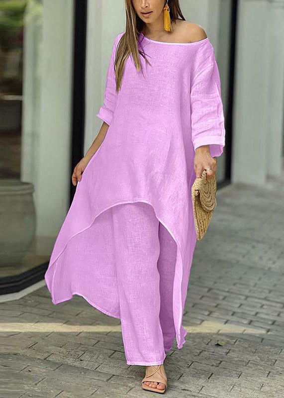 Simple Baby Blue Asymmetrical Patchwork Top and Wide Leg Pants Two Pieces Set Half Sleeve