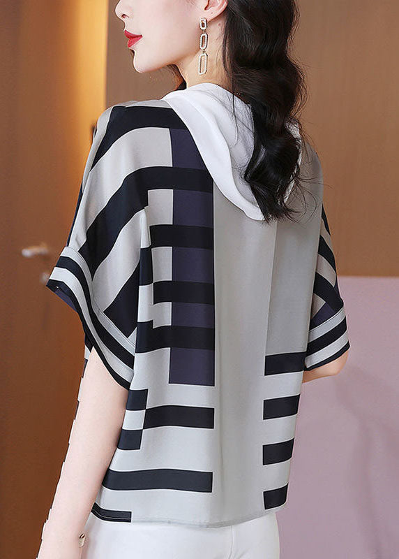 Coloblock Hooded Oversize Print Silk Shirt Summer