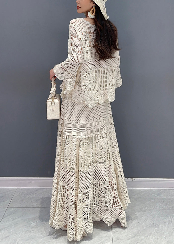 Beige Hollow Out Tops and Skirts Knit Two Piece Set Long Sleeve