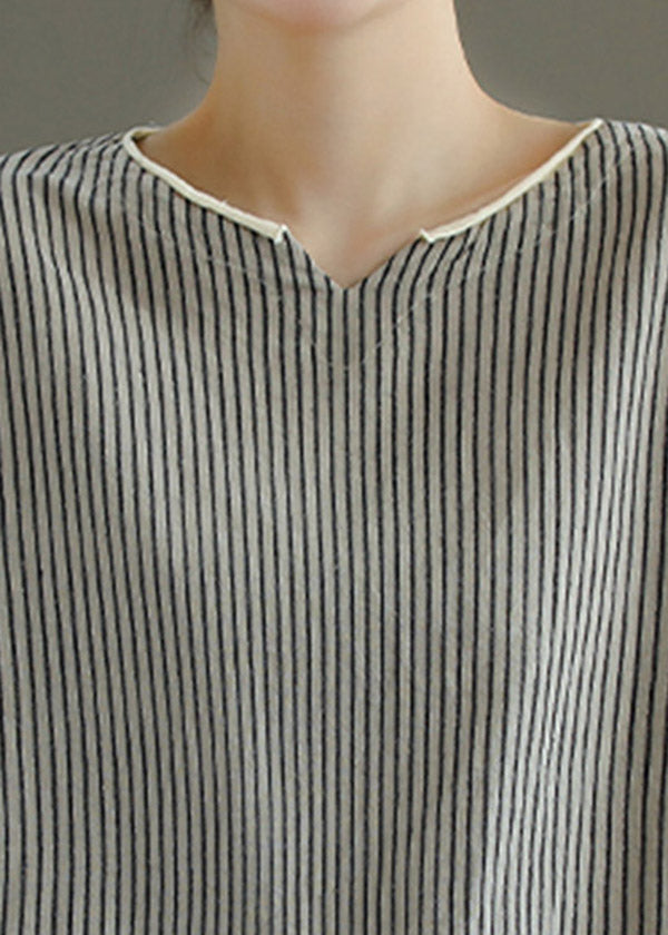 Grey V Neck Striped Patchwork Linen Tank Tops Short Sleeve