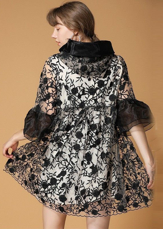 Black Hooded Embroideried Patchwork Organza Coats Half Sleeve