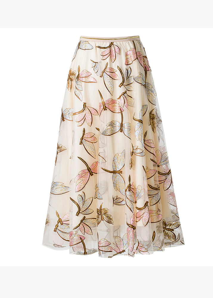 Apricot Butterfly High Waist Tulle Skirts Embroidered Spring