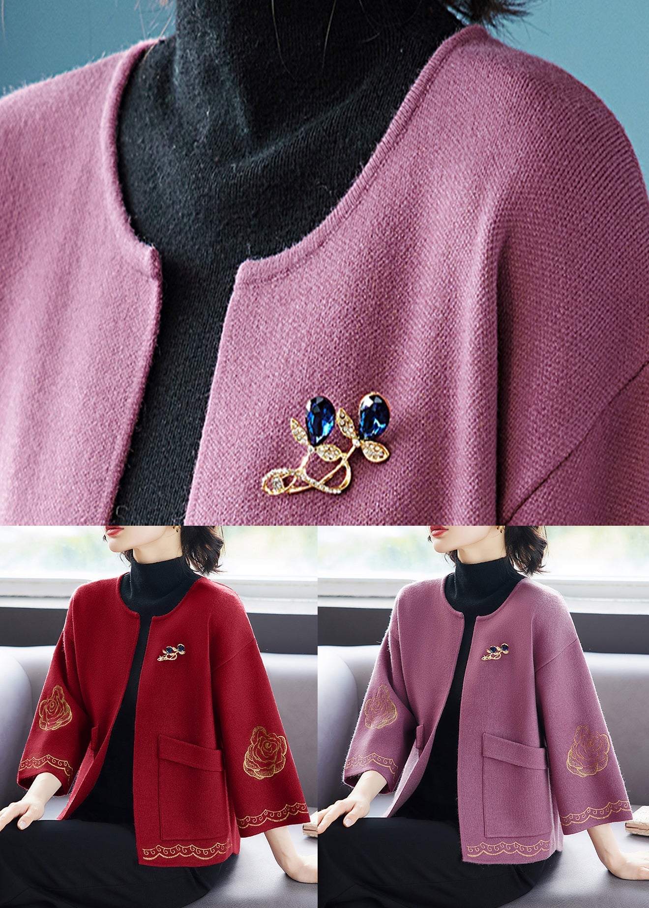 Purple O Neck Print Pockets Patchwork Wool Cardigan Fall