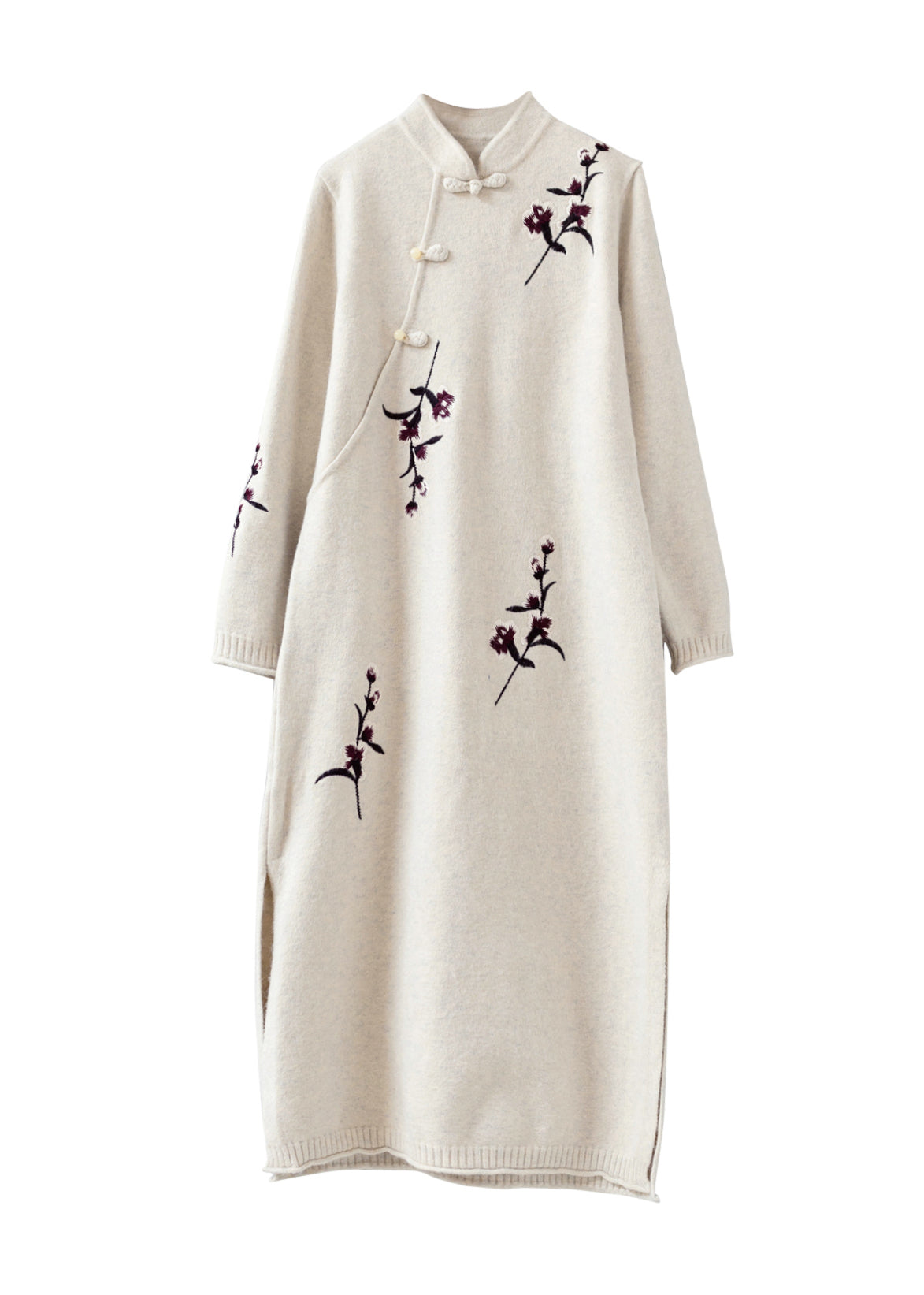 Apricot Stand Collar Embroideried Patchwork Woolen Knit Dress Fall