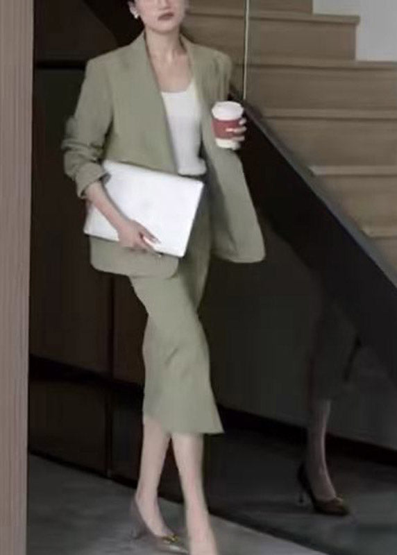 Light Green Notche Coats and Maxi Skirts Two Pieces Set Spring