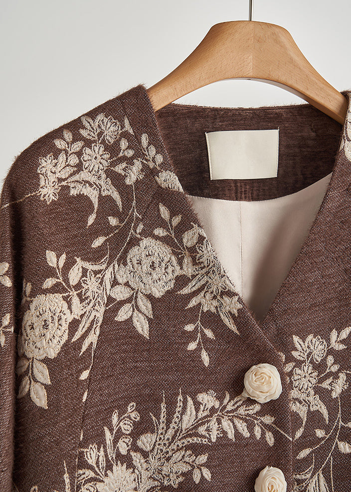 Brown Embroidered Decorated Cotton Jackets Fall
