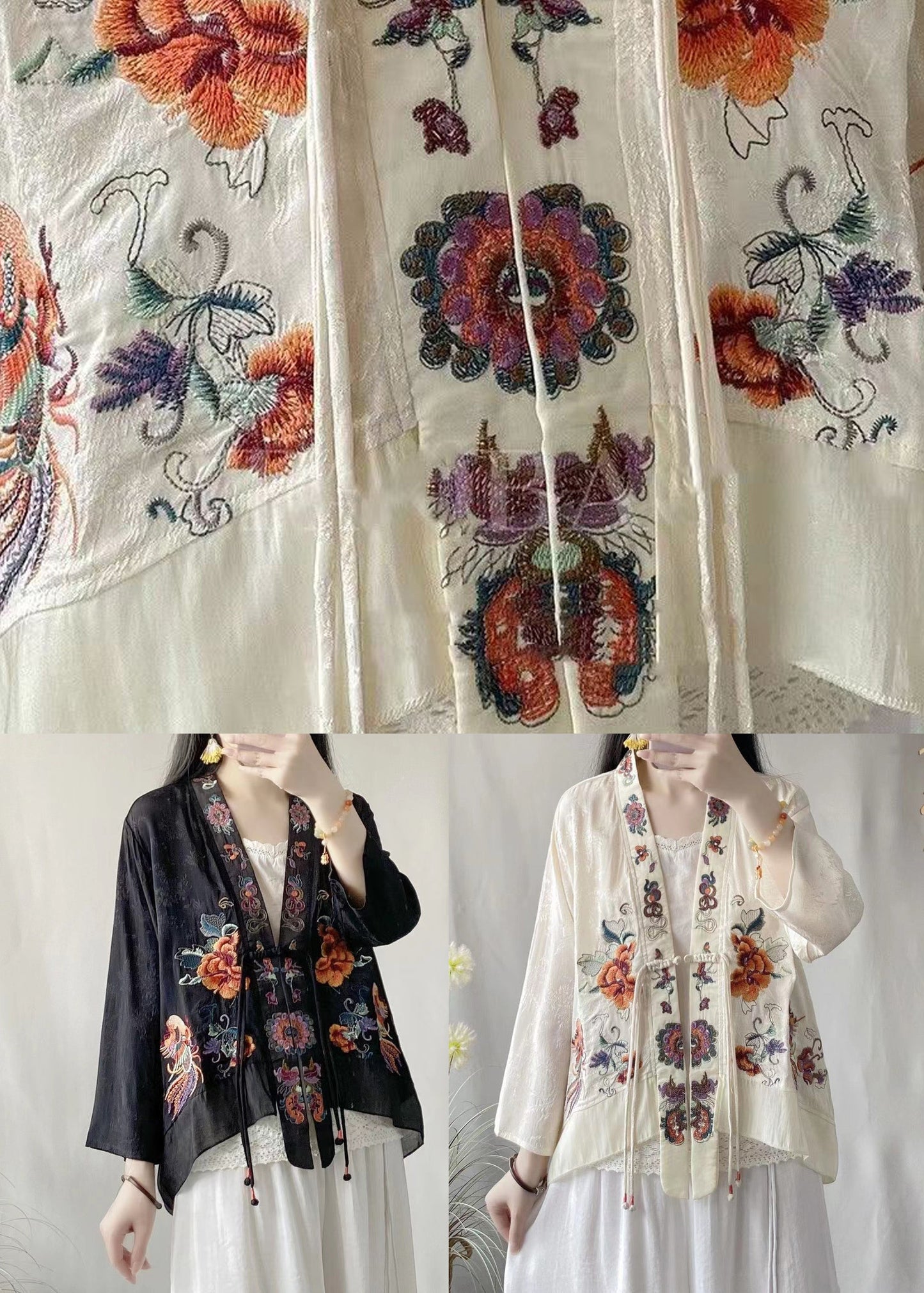 Black Linen Silk Cardigans Embroideried V Neck Tasseled Spring