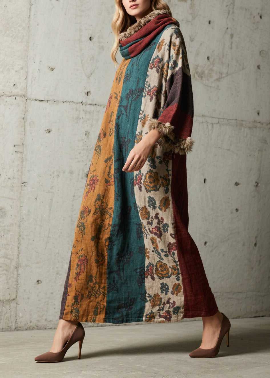 Boutique Colorblock Print Fuzzy Fur Patchwork Cotton Dress Fall