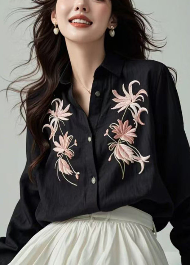 Boutique Black Embroidered Button Shirts Spring