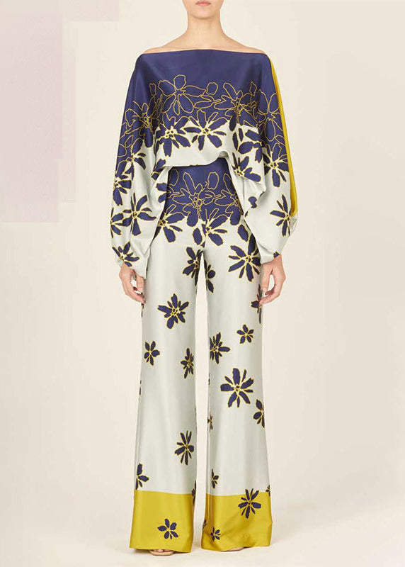 European and American Style Rose Slash Neck Print Silk Two Pieces Set Batwing Sleeve