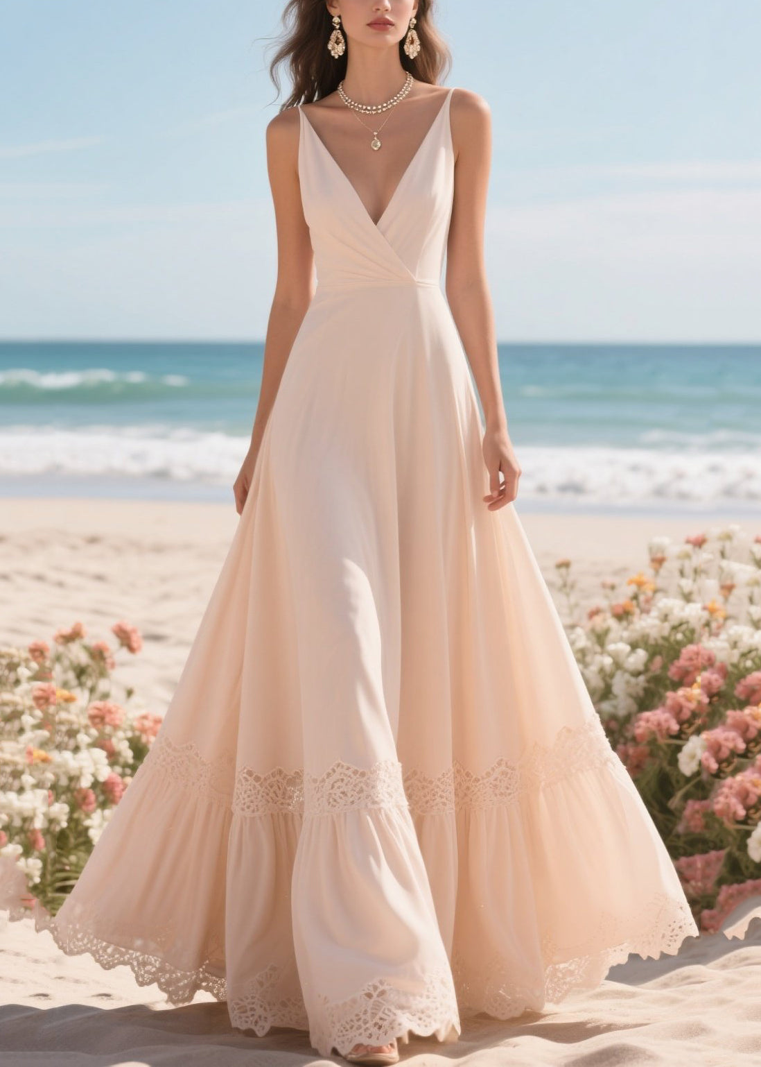 Apricot Exra Large Hem Patchwork Lace Holiday Dress Summer