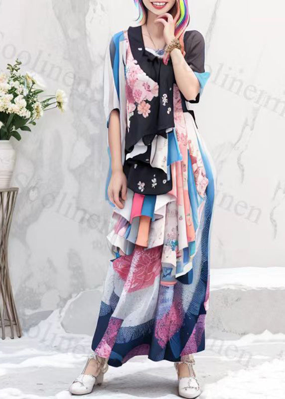 Rainbow Asymmetrical Print Silk Long Dresses Summer