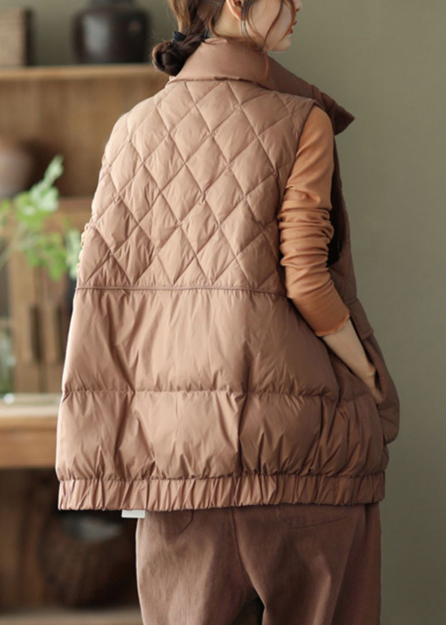 Coffee Stand Collar Pockets Patchwork Duck Down Waistcoat Sleeveless
