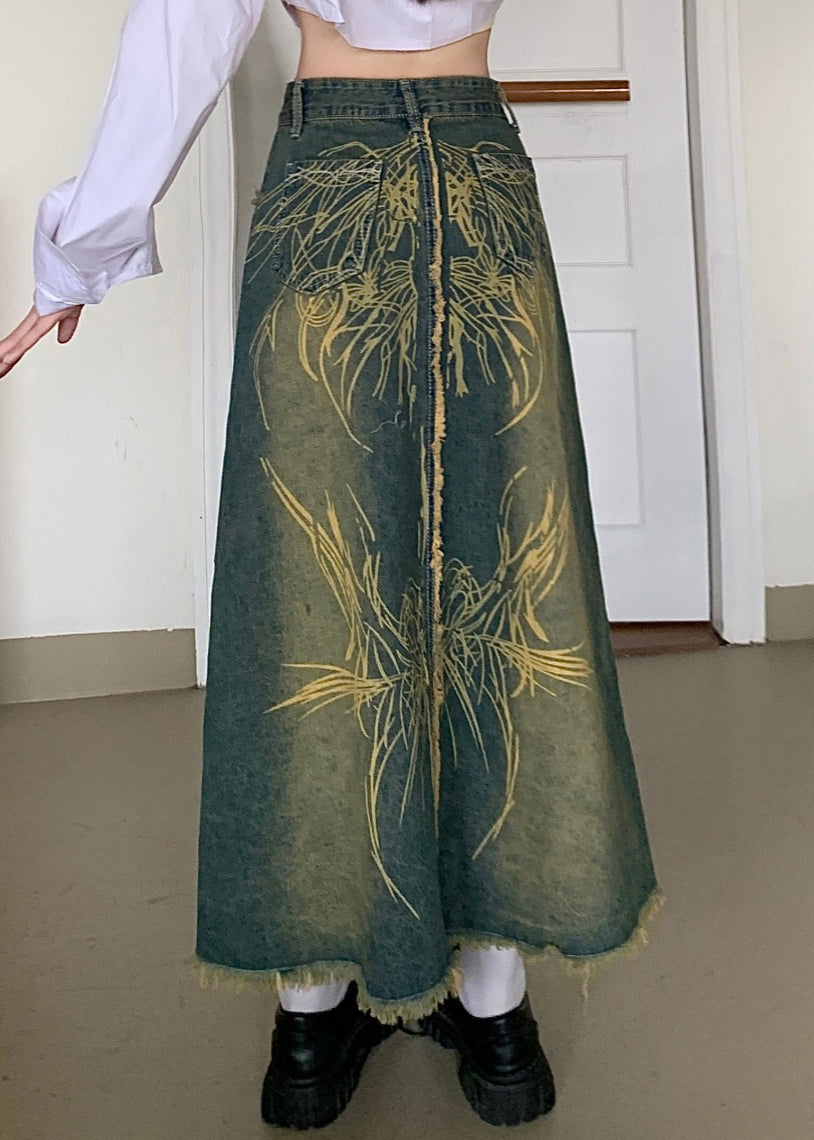 Modern Blue Print Pockets Denim a Line Skirt Spring